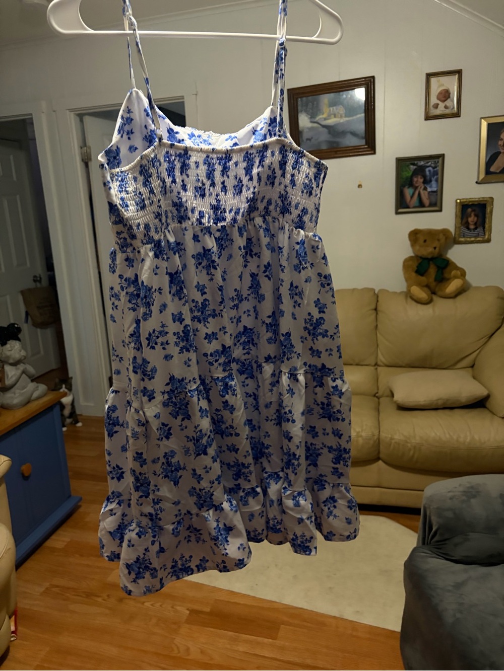 SHEIN White Dress with Blue Floral Print lite and flowing